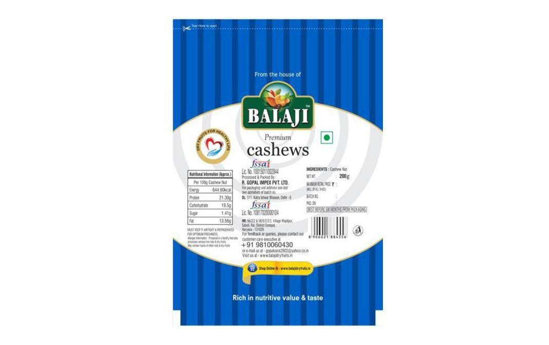 Balaji Premium Cashews    Pack  200 grams